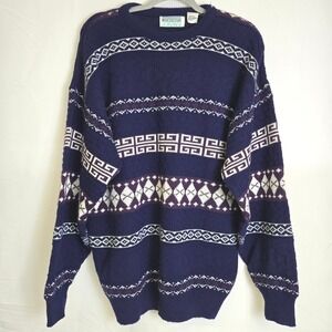 Whitefish Bay Geometric Stripe Patterned Crewneck‎ Sweater, Blue, Vtg, Large